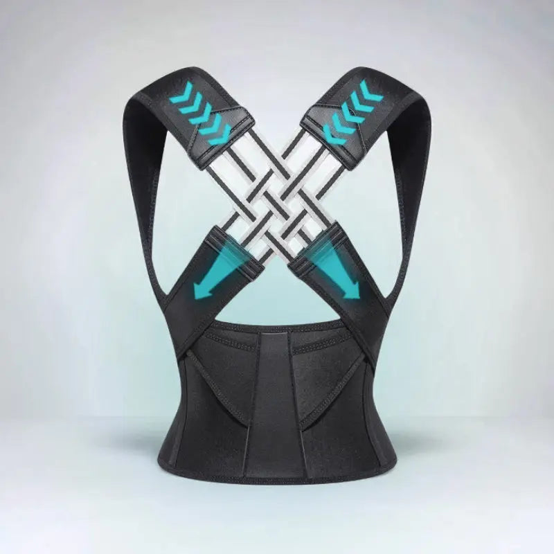 Posture corrector showing directional pull for back and shoulder alignment