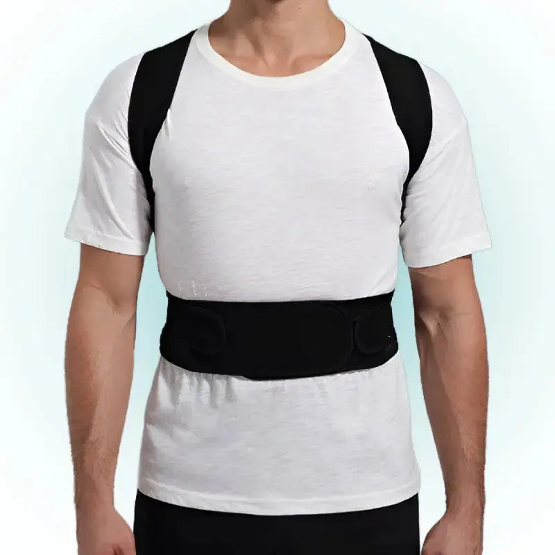 Person wearing a black posture corrector back brace