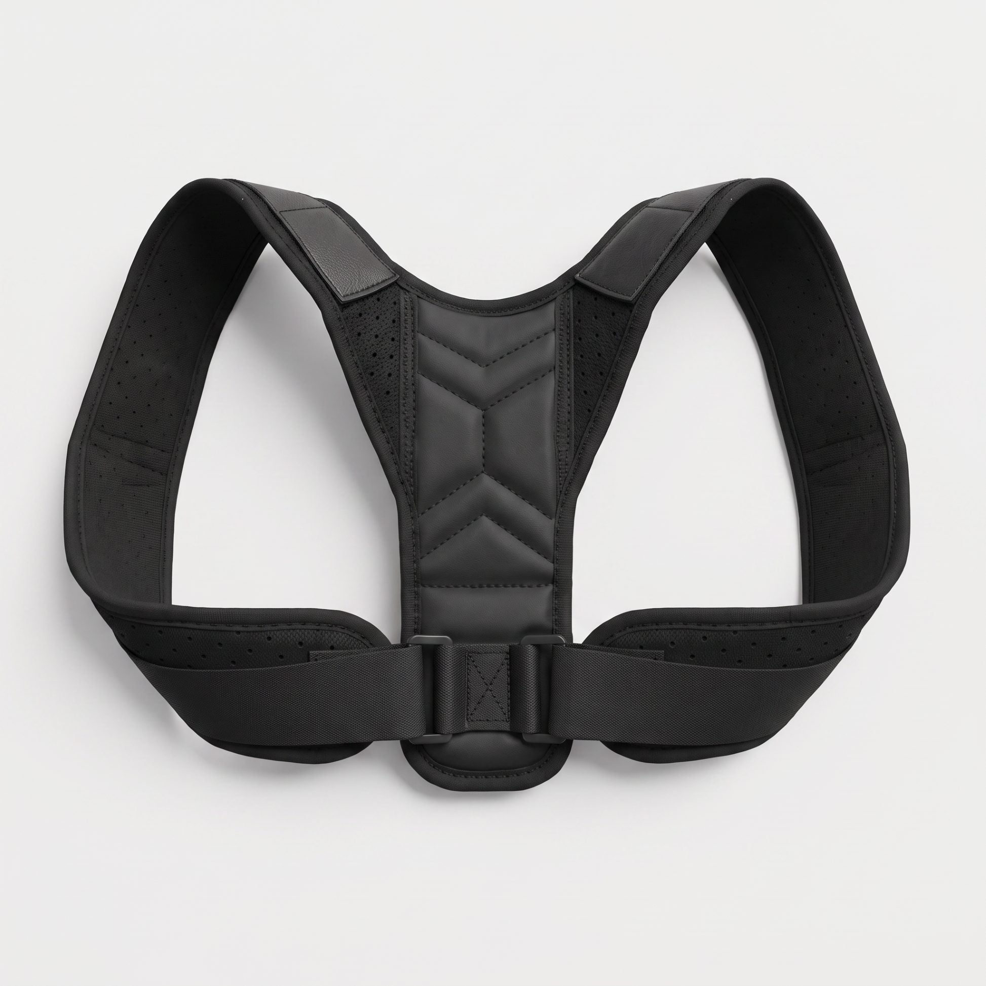 Black ExoPosture Air discreet posture corrector laid flat, showing full strap layout. black-air1 black-air2 black-air3 black-air4 black-air5