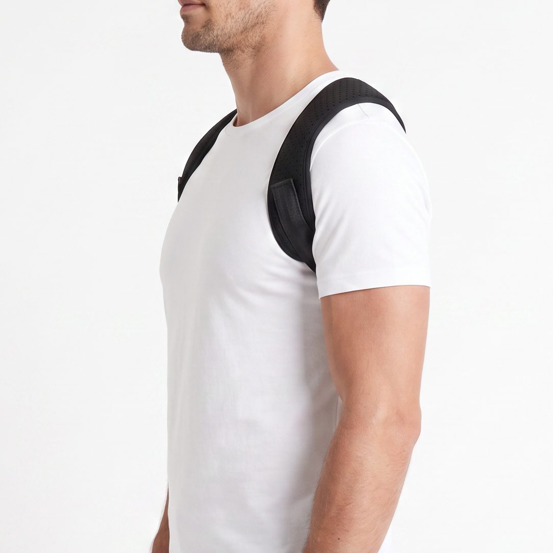 Side profile of the black ExoPosture Air posture corrector showing its low-profile fit under clothing. black-air1 black-air2 black-air3 black-air4 black-air5