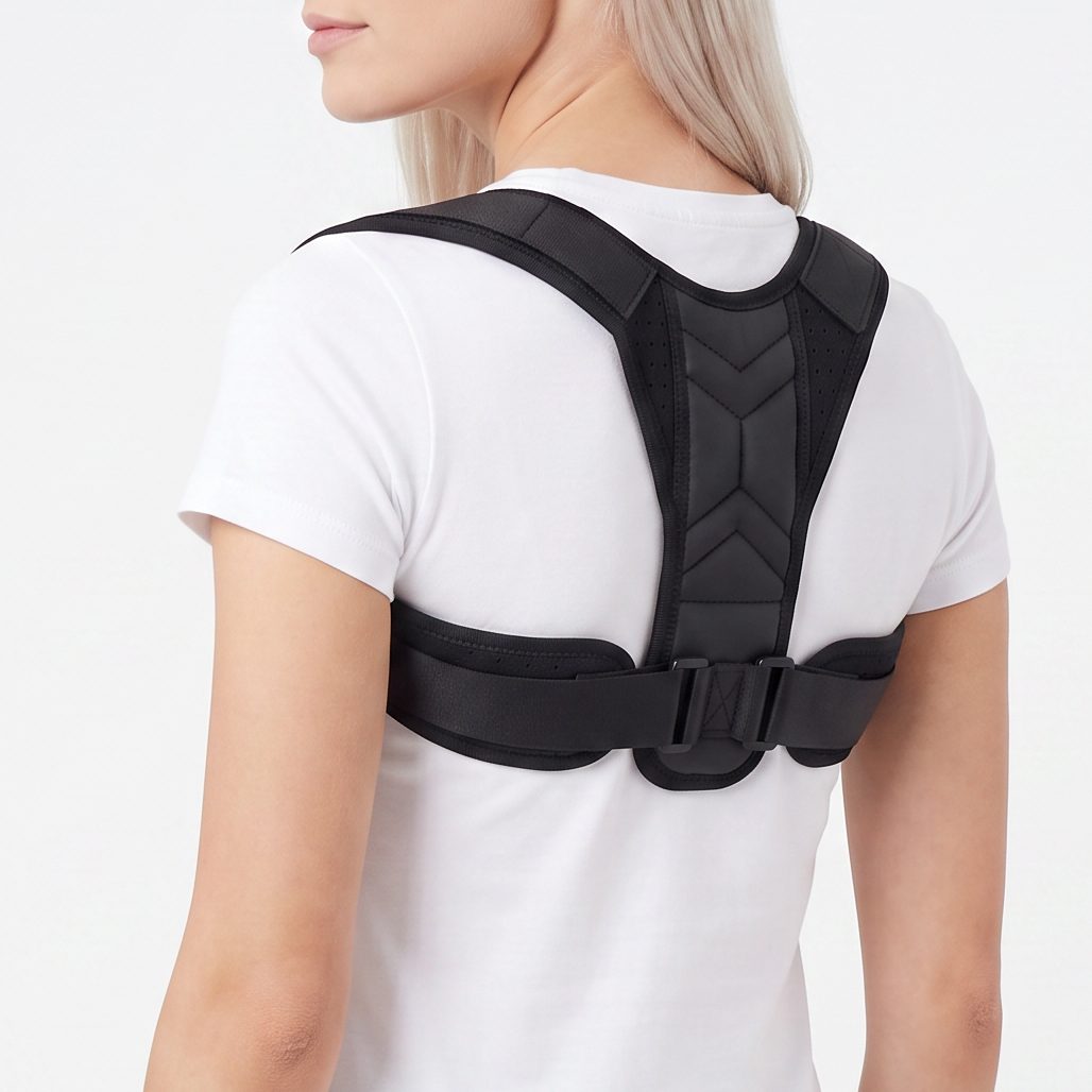 Woman wearing the black ExoPosture Air posture corrector, three-quarter back view. black-air1 black-air2 black-air3 black-air4 black-air5