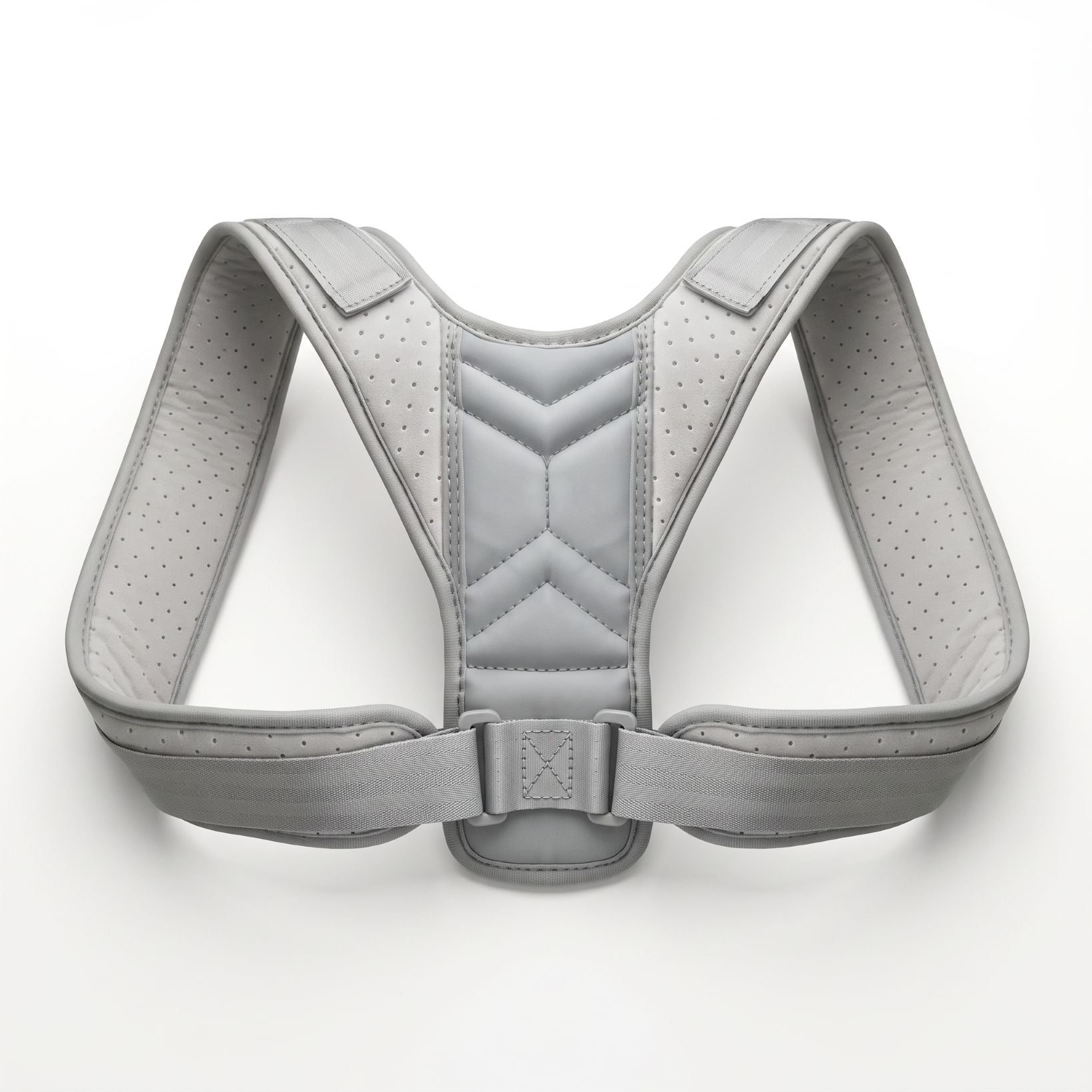 Gray ExoPosture Air discreet posture corrector laid flat, showing full strap layout. gray-air1 gray-air2 gray-air3 gray-air4 gray-air5
