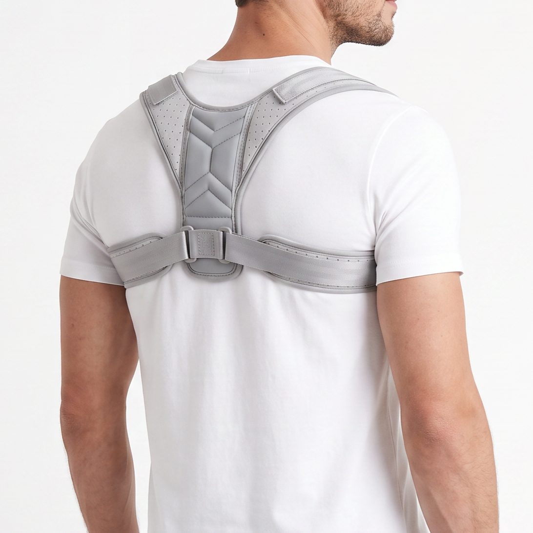 Man wearing the gray ExoPosture Air posture corrector, three-quarter back view. gray-air1 gray-air2 gray-air3 gray-air4 gray-air5