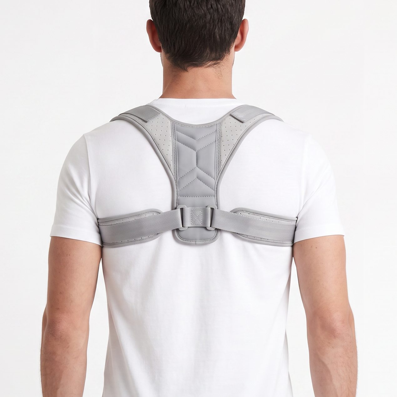 Man wearing the gray ExoPosture Air posture corrector, back view showing the strap fit across the shoulders. gray-air1 gray-air2 gray-air3 gray-air4 gray-air5