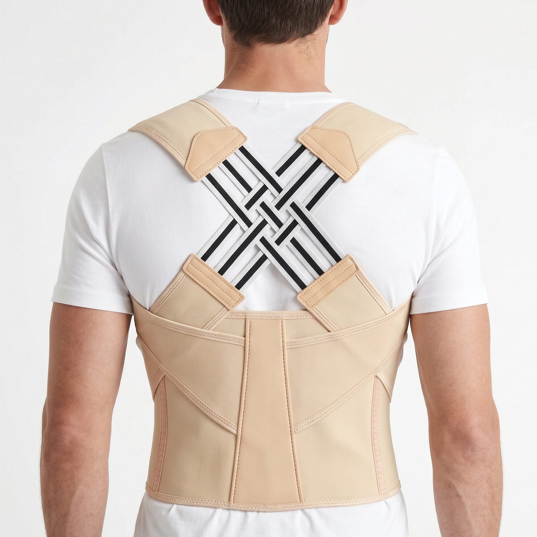 Man wearing beige back brace for posture, back view. beige-exo1 beige-exo2 beige-exo3 beige-exo4 beige-exo5 beige-exo6