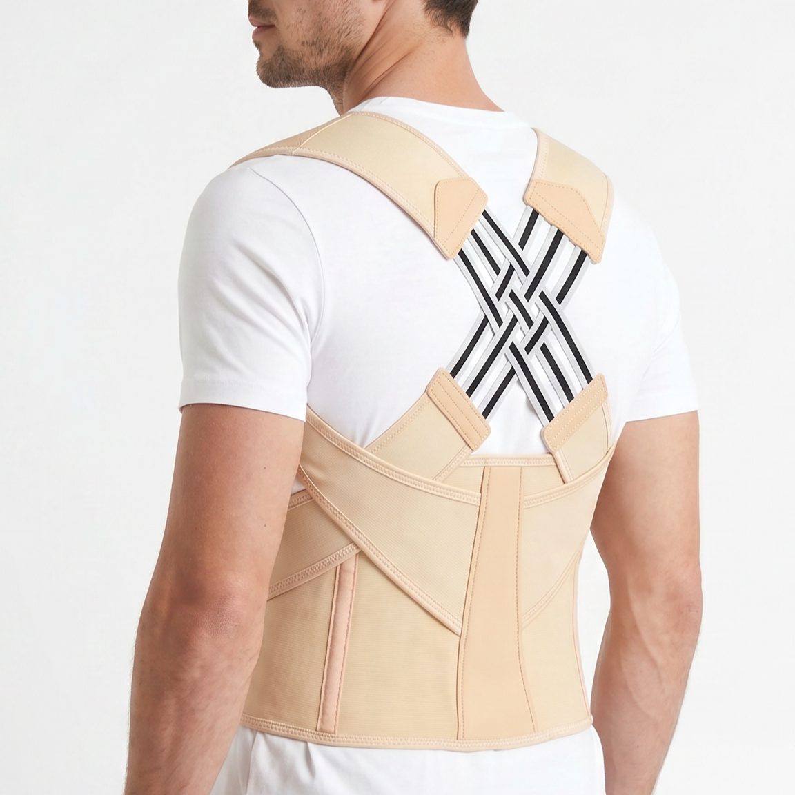 Beige posture corrector on male model, three quarter back view. beige-exo1 beige-exo2 beige-exo3 beige-exo4 beige-exo5 beige-exo6