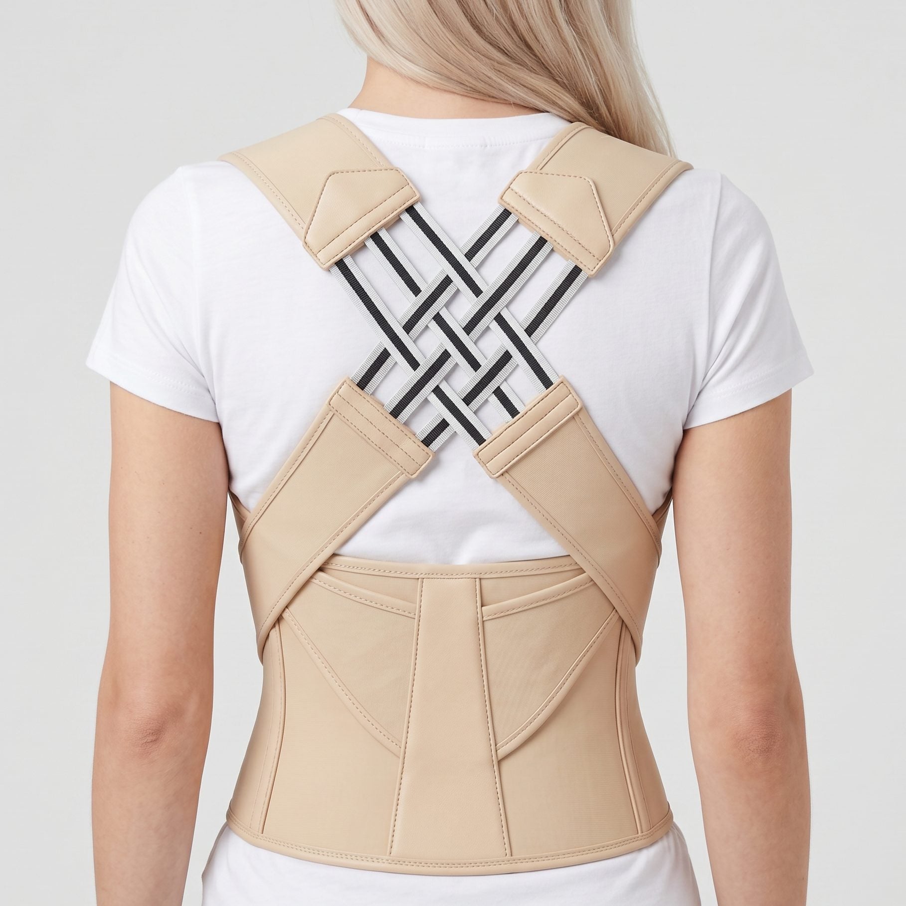 Woman wearing beige back brace for posture, back view. beige-exo1 beige-exo2 beige-exo3 beige-exo4 beige-exo5 beige-exo6