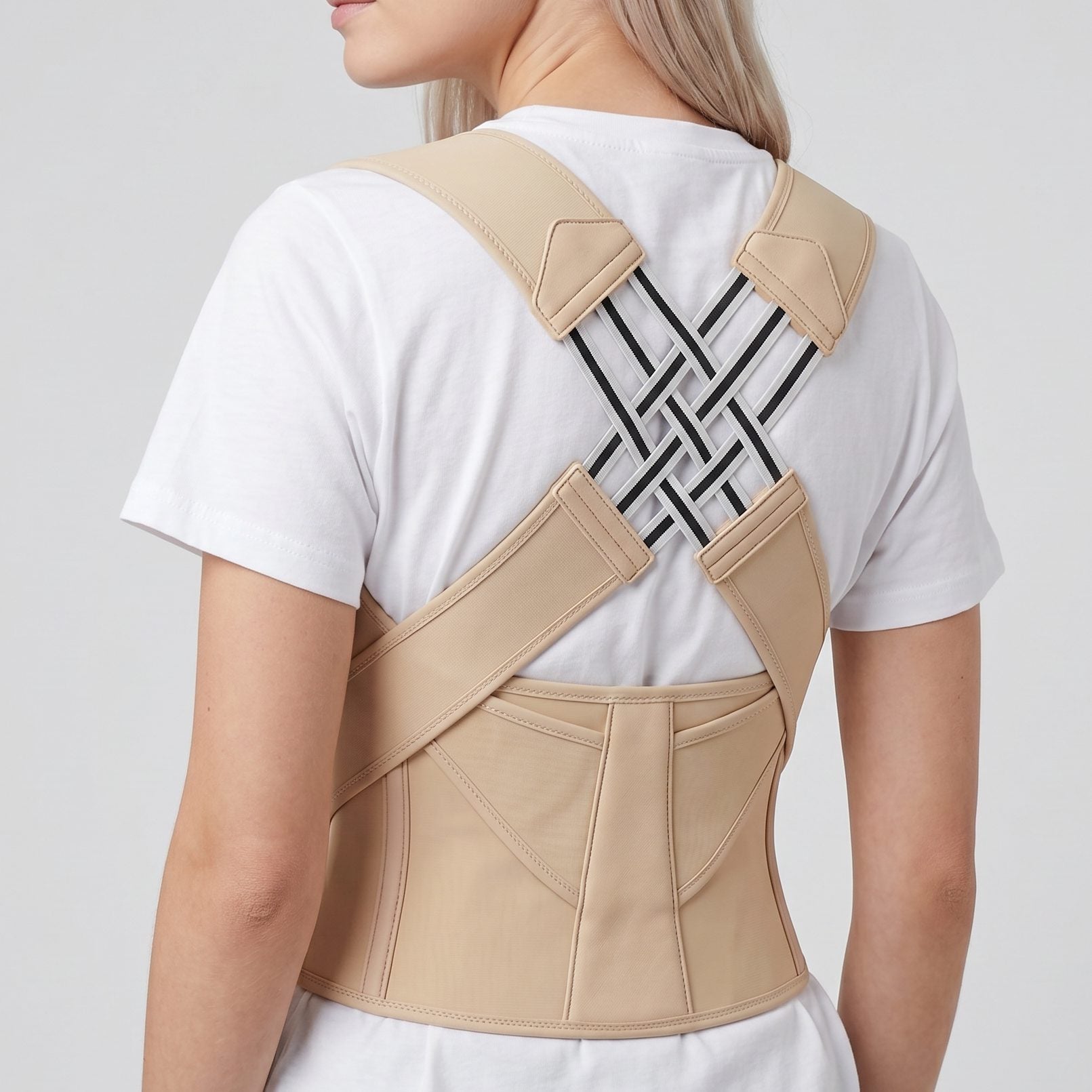 Beige posture corrector on female model, three quarter back view. beige-exo1 beige-exo2 beige-exo3 beige-exo4 beige-exo5 beige-exo6