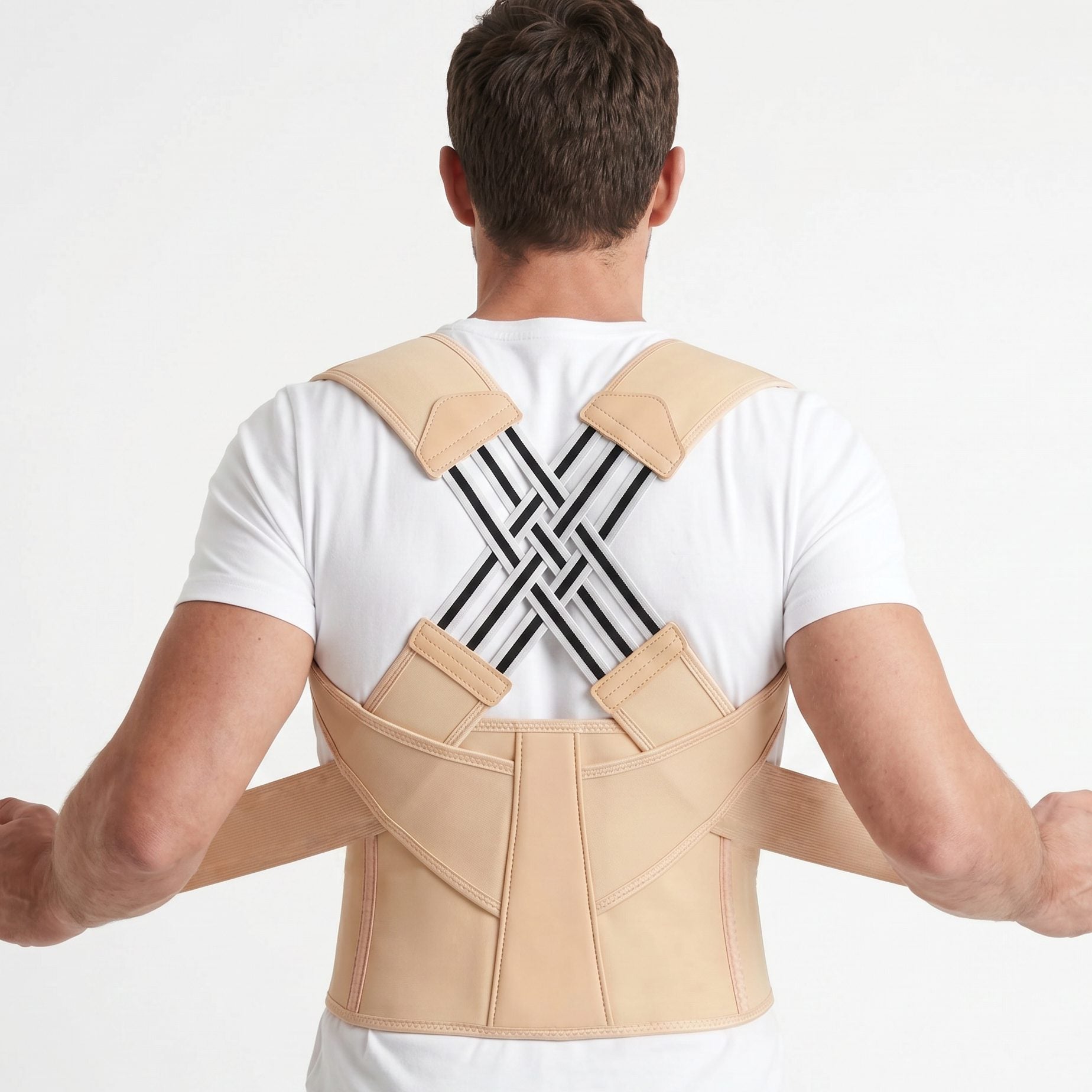 Man adjusting straps on beige posture corrector, back view. beige-exo1 beige-exo2 beige-exo3 beige-exo4 beige-exo5 beige-exo6