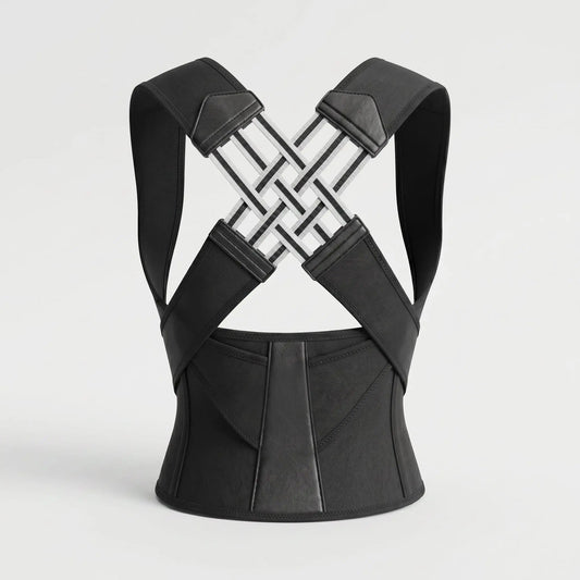 Black ExoPosture back brace posture corrector, product view. black-exo1 black-exo2 black-exo3 black-exo4 black-exo5 black-exo6