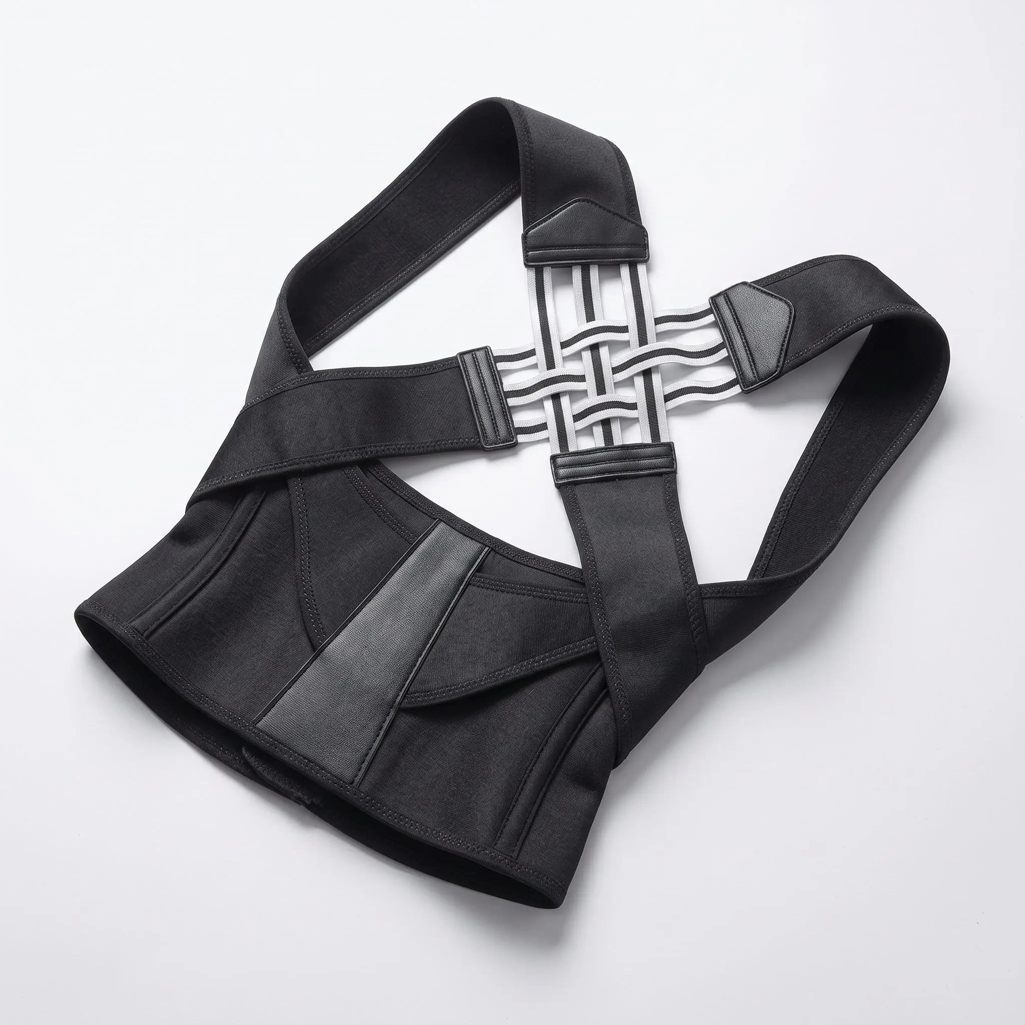 Black posture corrector back brace laid flat. black-exo1 black-exo2 black-exo3 black-exo4 black-exo5 black-exo6