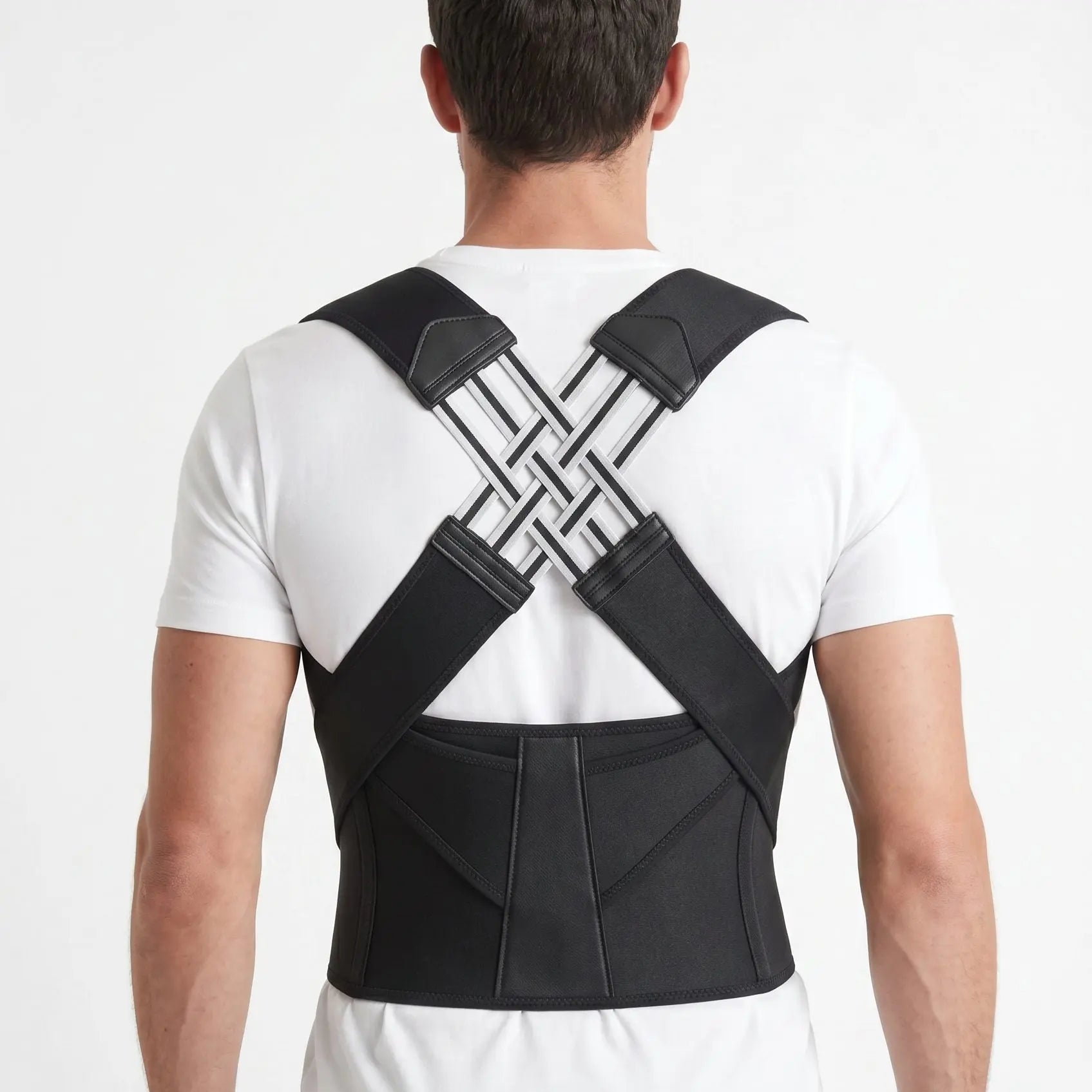 Man wearing black back brace for posture, back view. black-exo1 black-exo2 black-exo3 black-exo4 black-exo5 black-exo6