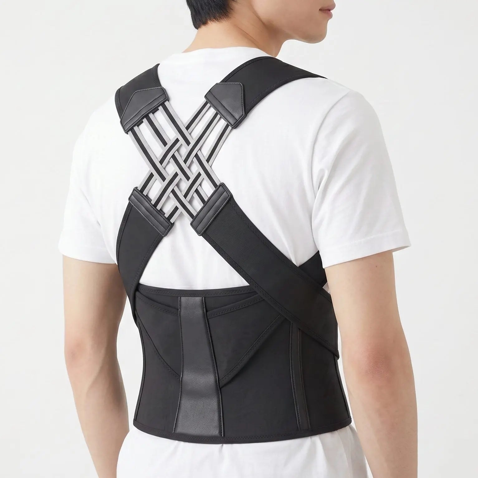 Black posture corrector on male model, three quarter back view. black-exo1 black-exo2 black-exo3 black-exo4 black-exo5 black-exo6