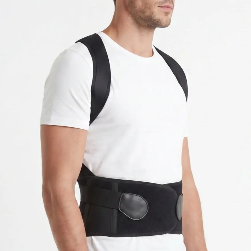 Black back support belt on male model, three quarter front view. black-exo1 black-exo2 black-exo3 black-exo4 black-exo5 black-exo6
