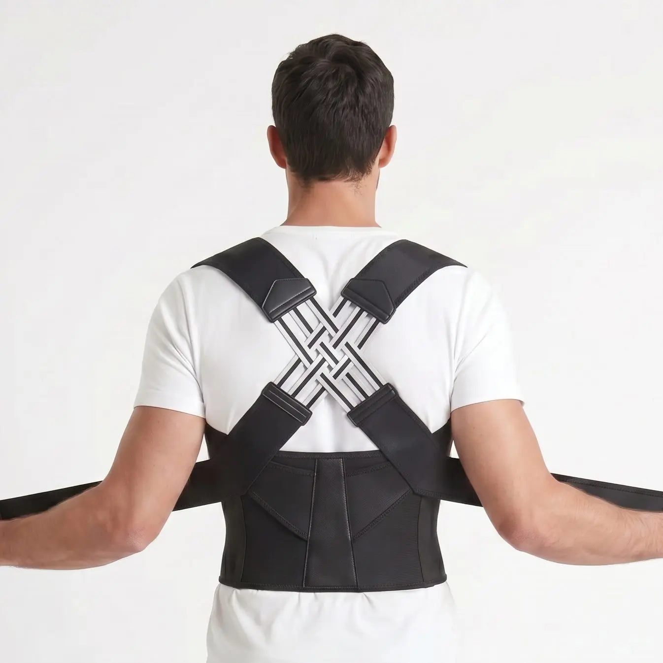 Man adjusting straps on black posture corrector, back view. black-exo1 black-exo2 black-exo3 black-exo4 black-exo5 black-exo6