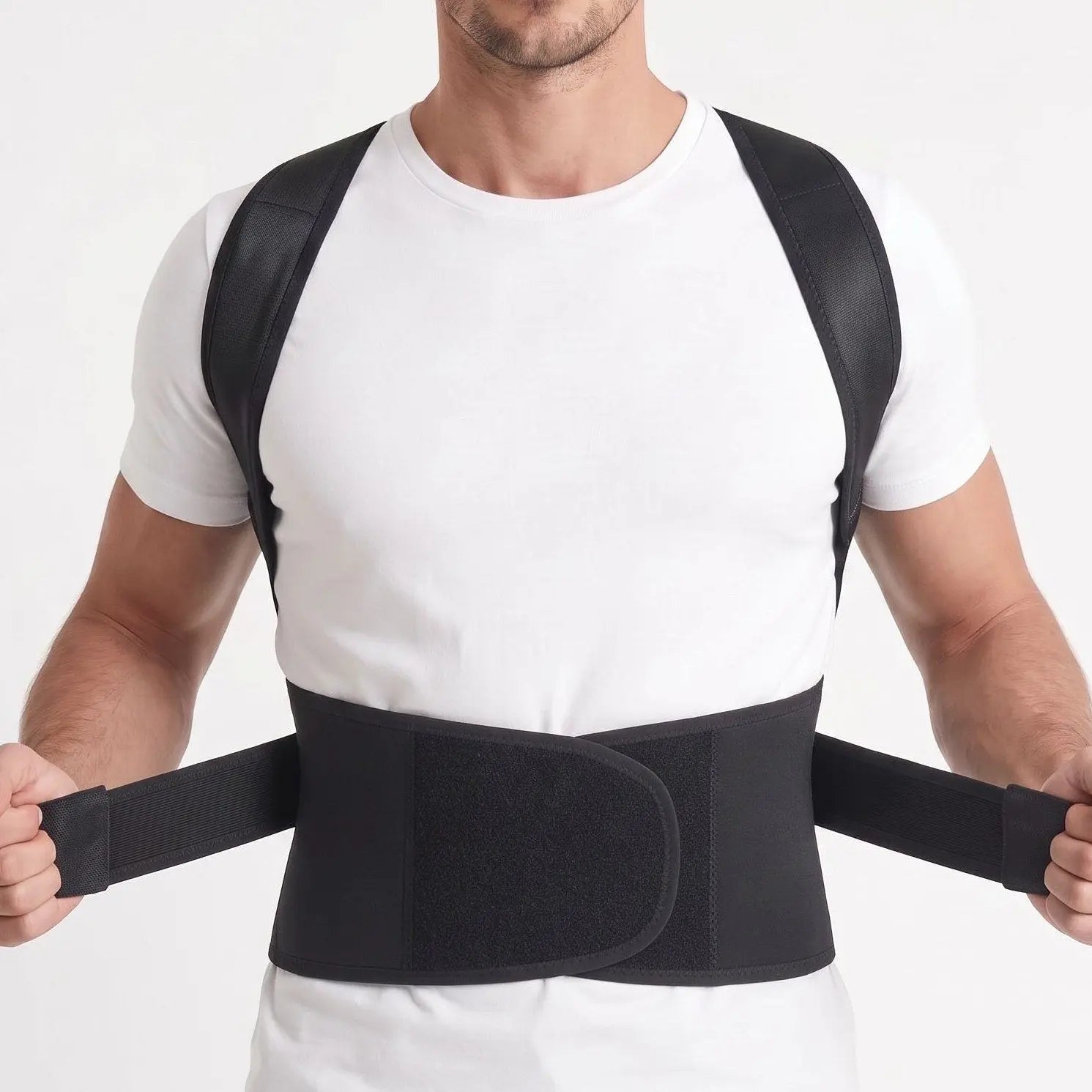 Man adjusting straps on black back brace, front view. black-exo1 black-exo2 black-exo3 black-exo4 black-exo5 black-exo6