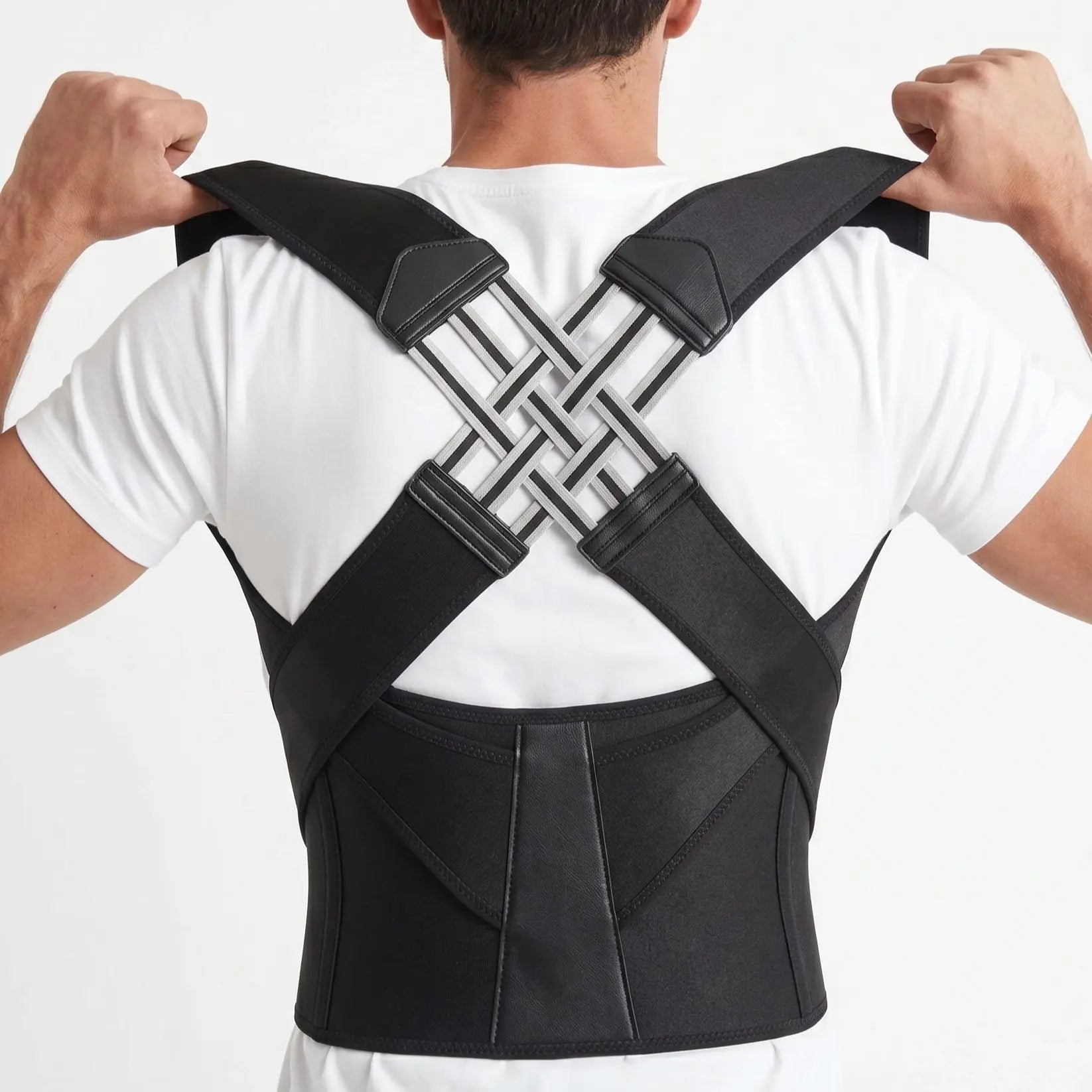 Adjustable straps on black posture corrector, back detail. black-exo1 black-exo2 black-exo3 black-exo4 black-exo5 black-exo6