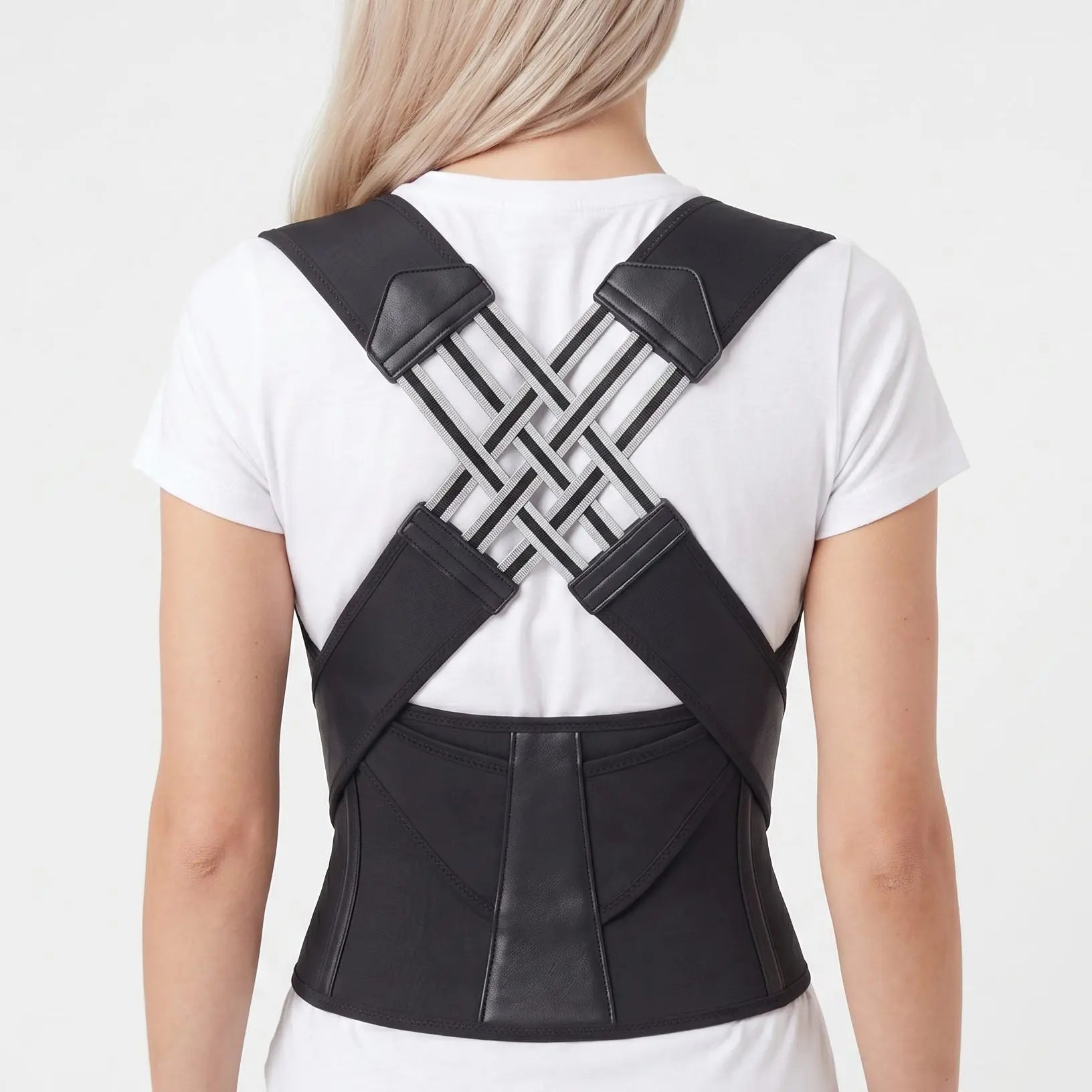 Woman wearing black back brace for posture, back view. black-exo1 black-exo2 black-exo3 black-exo4 black-exo5 black-exo6
