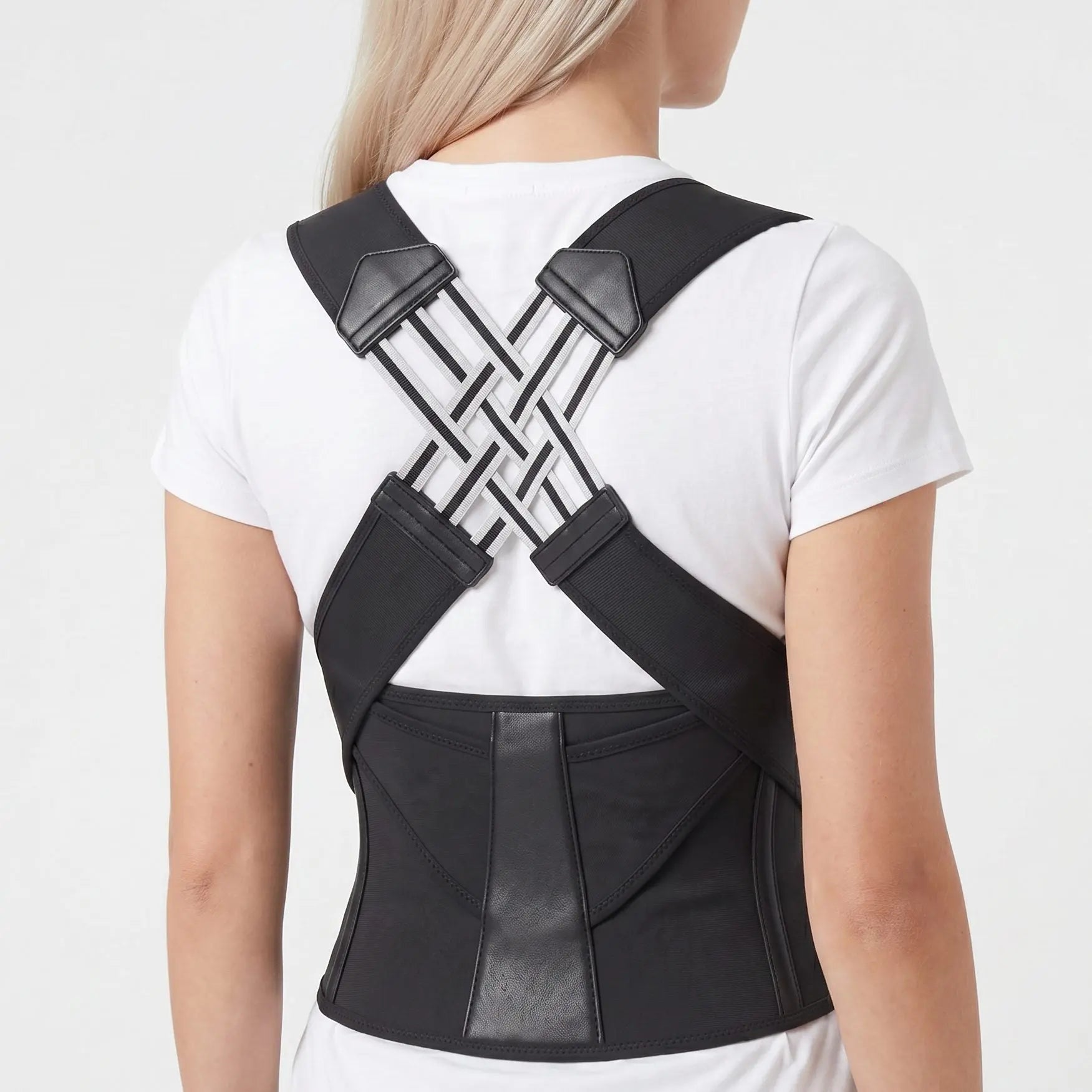 Black posture corrector on female model, three quarter back view. black-exo1 black-exo2 black-exo3 black-exo4 black-exo5 black-exo6