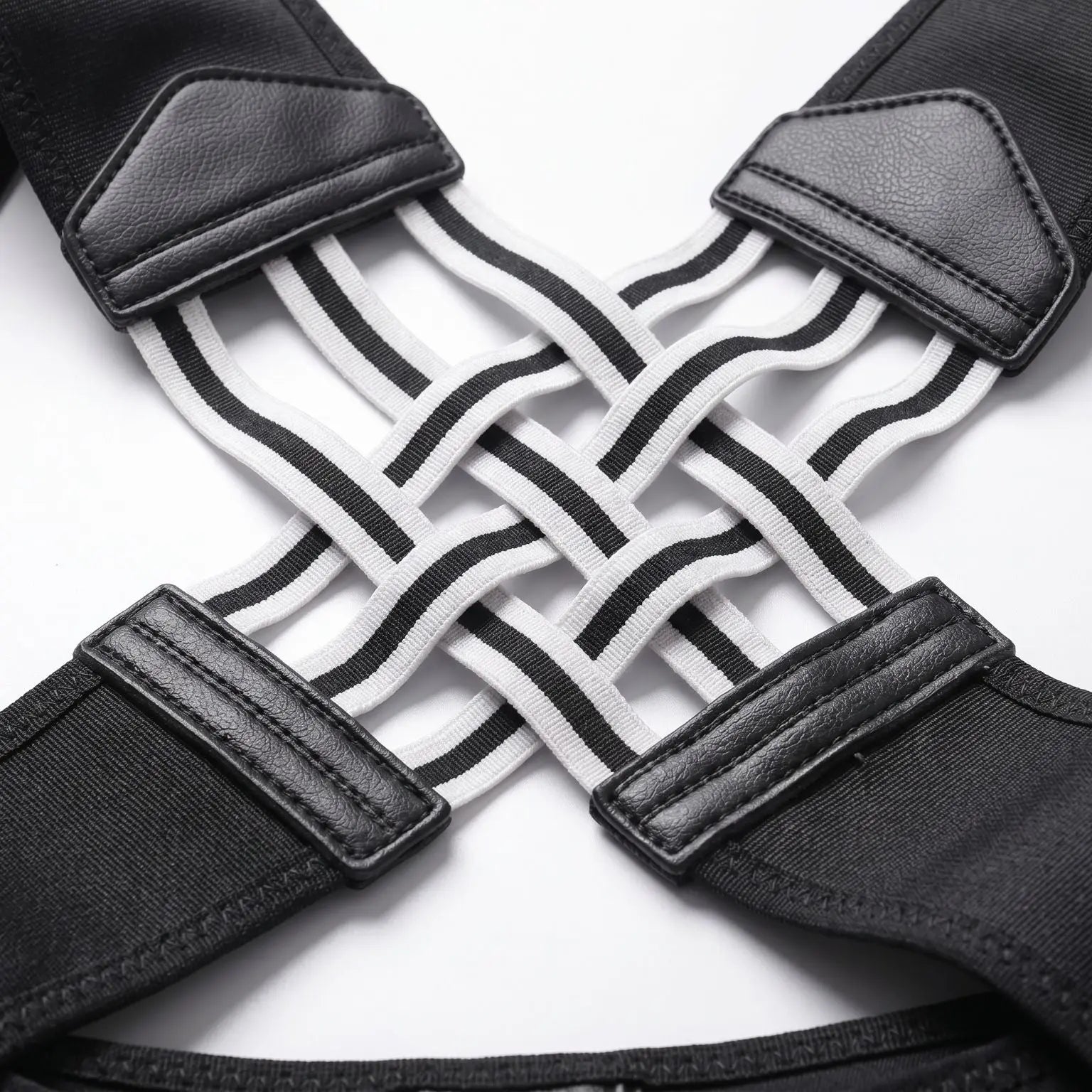 Woven X support panel on black ExoPosture back brace. black-exo1 black-exo2 black-exo3 black-exo4 black-exo5 black-exo6