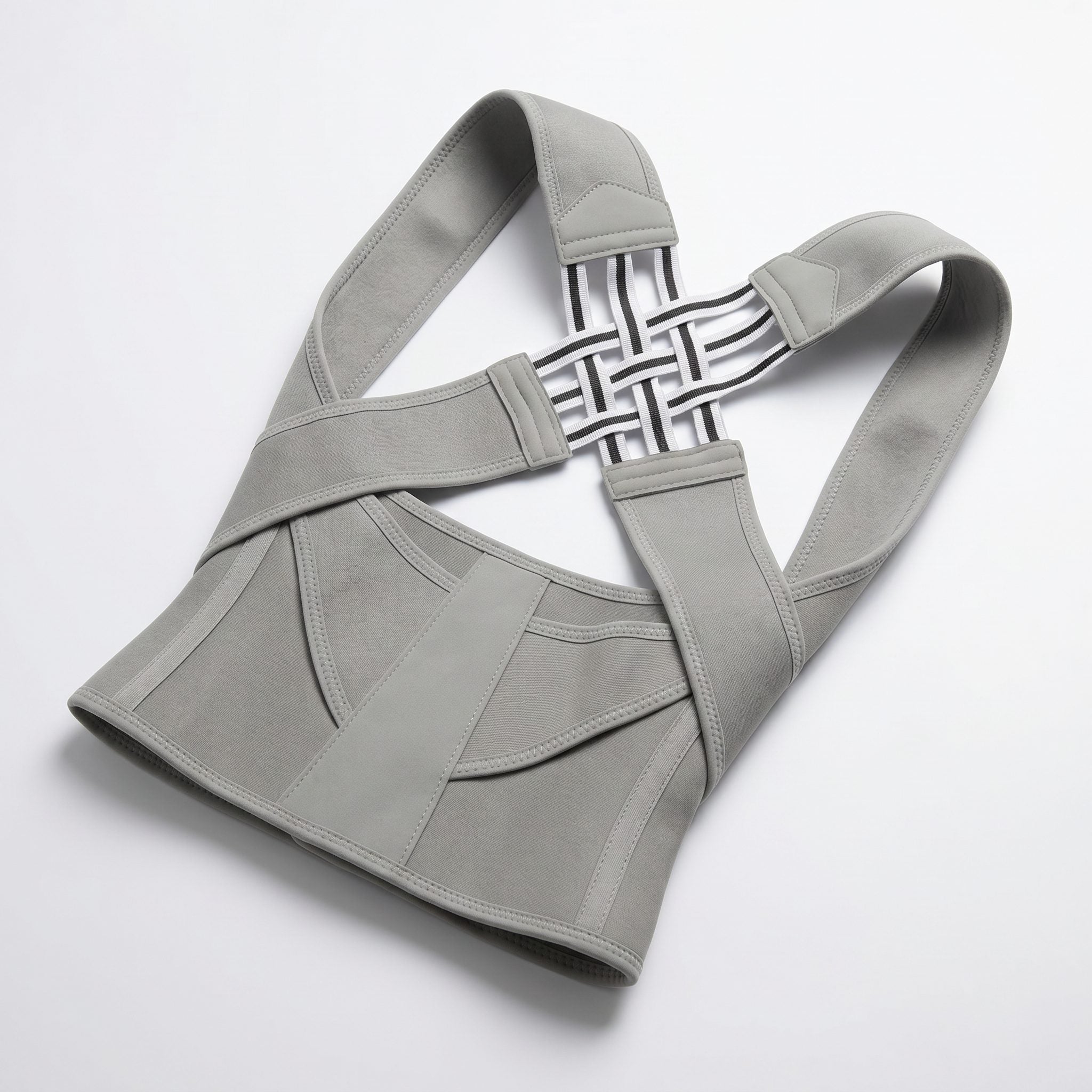 Gray posture corrector back brace laid flat. gray-exo1 gray-exo2 gray-exo3 gray-exo4 gray-exo5 gray-exo6