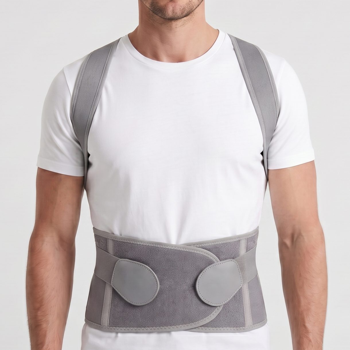Gray back support belt on male model, front view. gray-exo1 gray-exo2 gray-exo3 gray-exo4 gray-exo5 gray-exo6