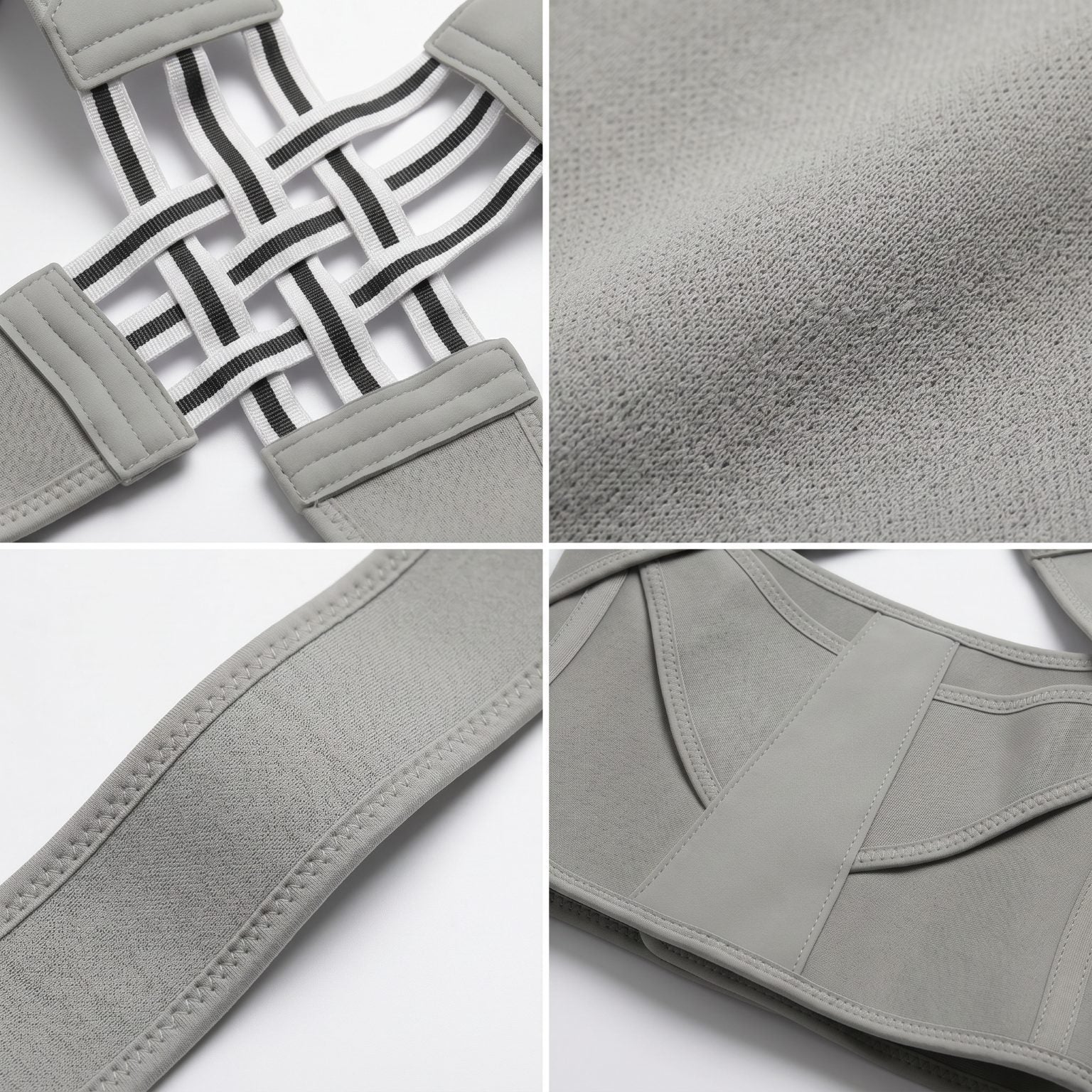 Fabric and strap details of gray ExoPosture back brace. gray-exo1 gray-exo2 gray-exo3 gray-exo4 gray-exo5 gray-exo6
