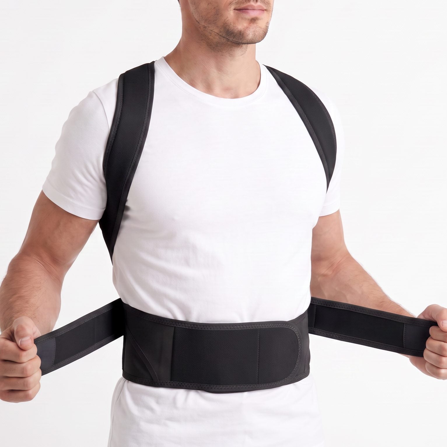 Adjusting the waist straps on the black ExoPosture Max full back posture corrector.