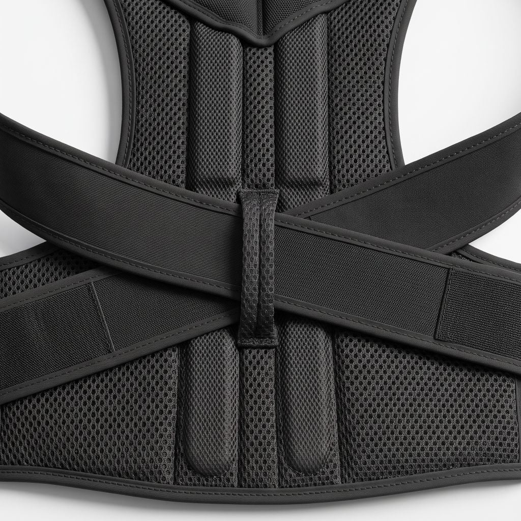 Close-up of the metal support bar and mesh back panel on the black ExoPosture Max posture corrector.