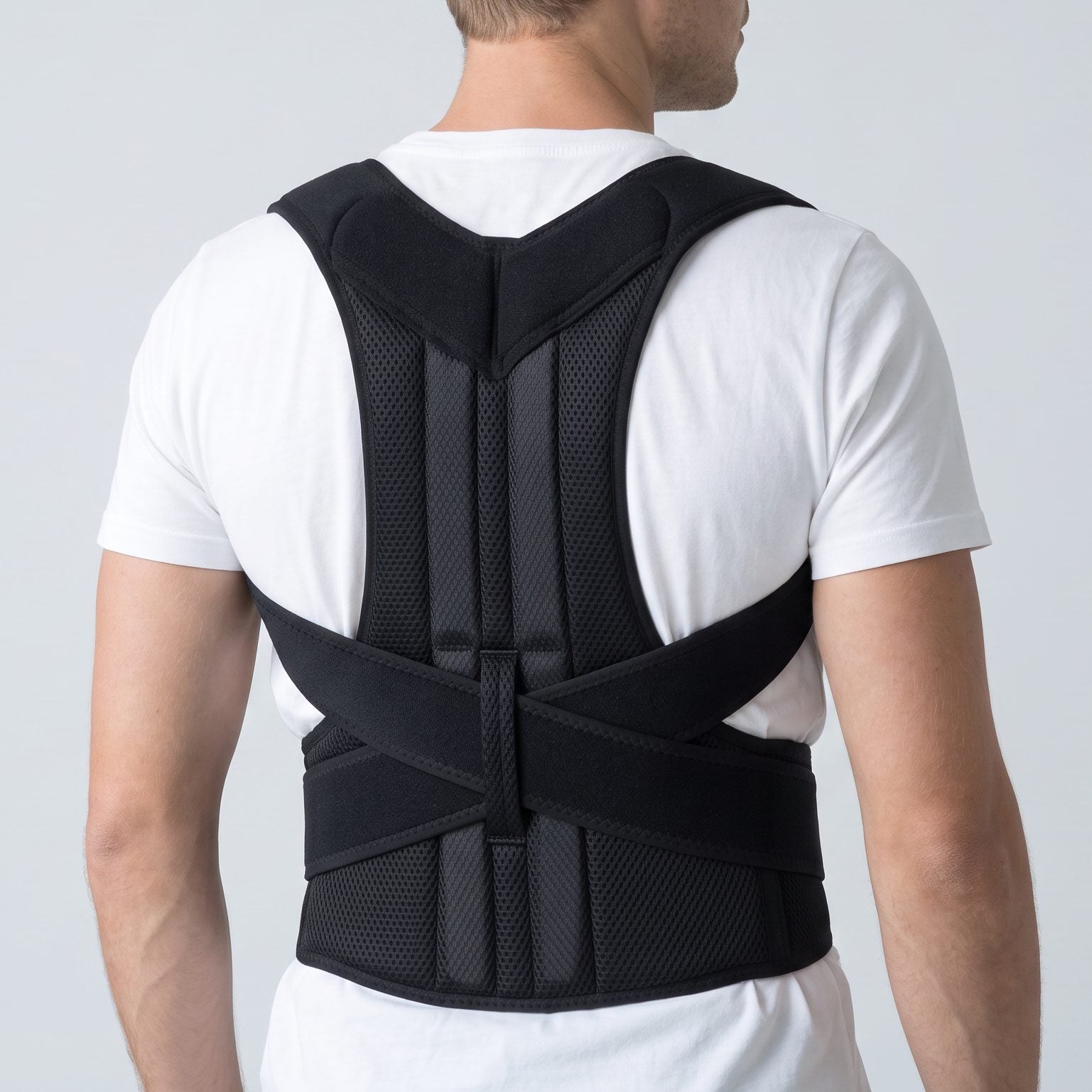 Man wearing the black ExoPosture Max full back posture corrector, back view.