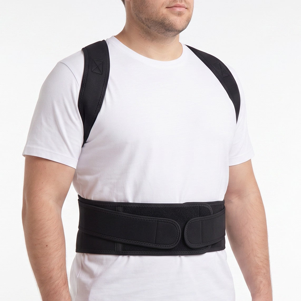 Man wearing the black ExoPosture Max full back posture corrector, front view.