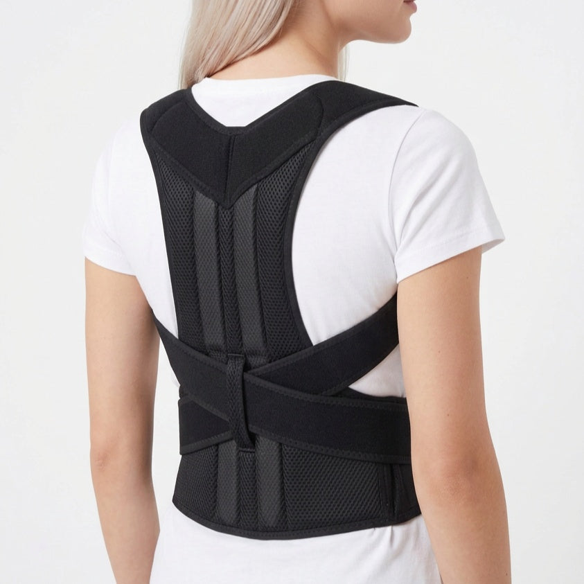 Woman wearing the black ExoPosture Max full back posture corrector, side view.