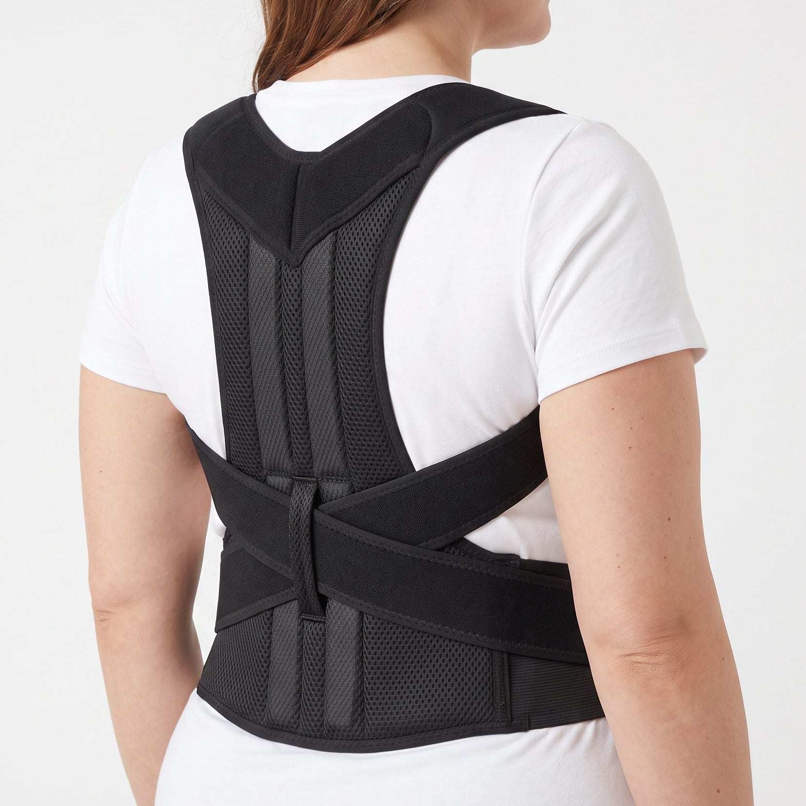 Woman wearing the black ExoPosture Max full back posture corrector, back view.
