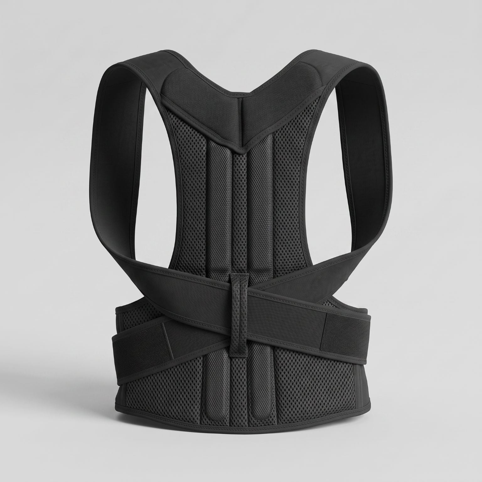 Black ExoPosture Max full back posture corrector with metal support bar, back product view.