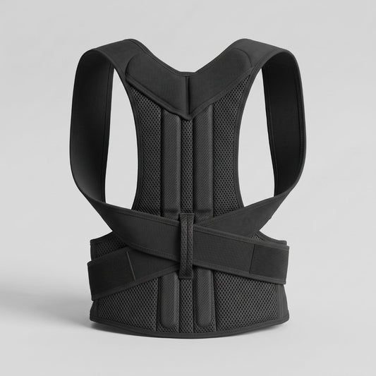 Black ExoPosture Max full back posture corrector with metal support bar, back product view.