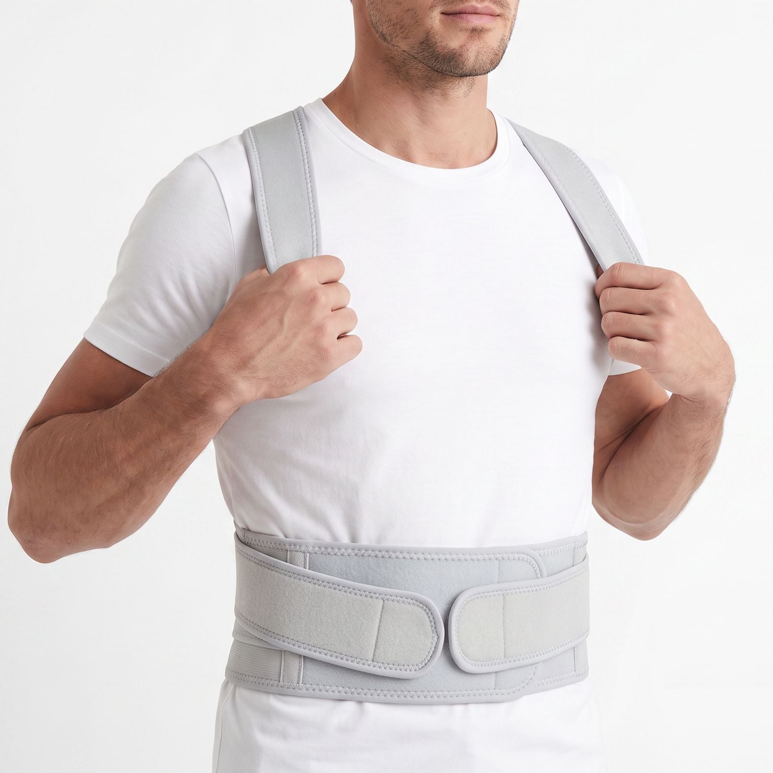 Adjusting the shoulder straps on the grey ExoPosture Max full back posture corrector.