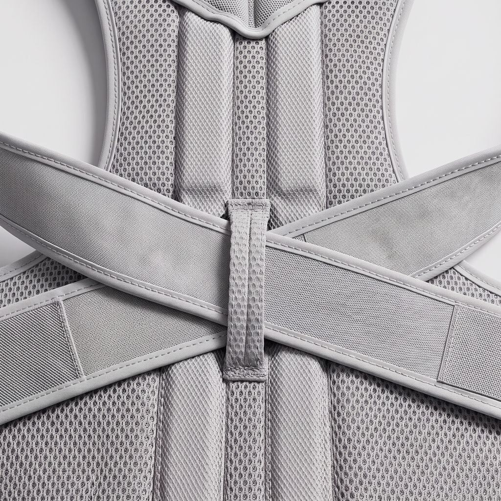 Close-up of the metal support bar and mesh back panel on the grey ExoPosture Max posture corrector.