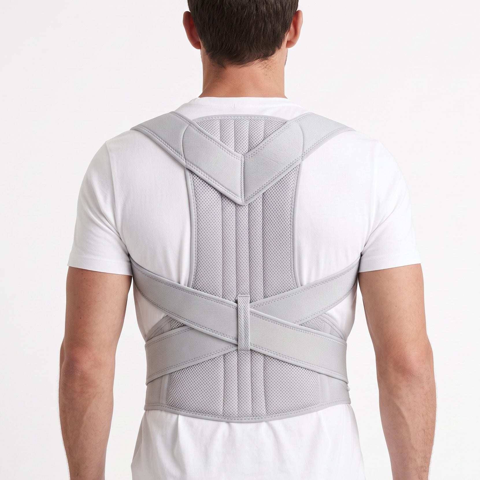 Man wearing the grey ExoPosture Max full back posture corrector, back view.