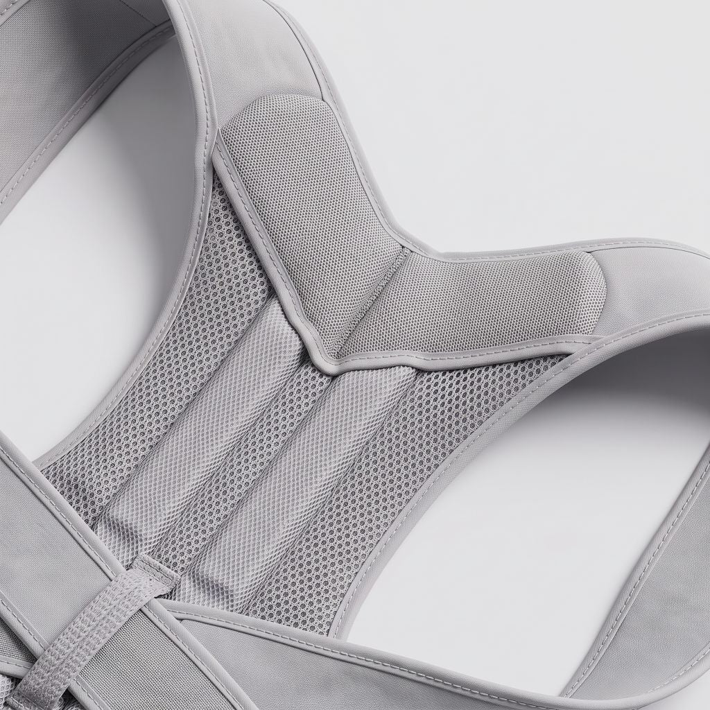 Close-up of the padded shoulder straps on the grey ExoPosture Max posture corrector.