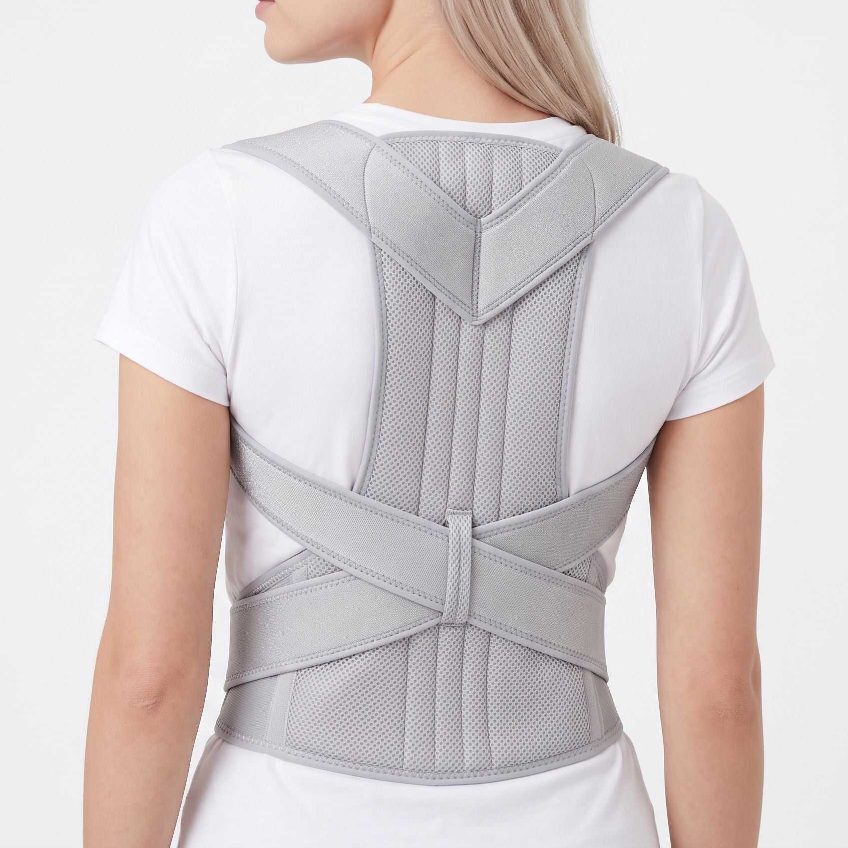 Woman wearing the grey ExoPosture Max full back posture corrector, front view.