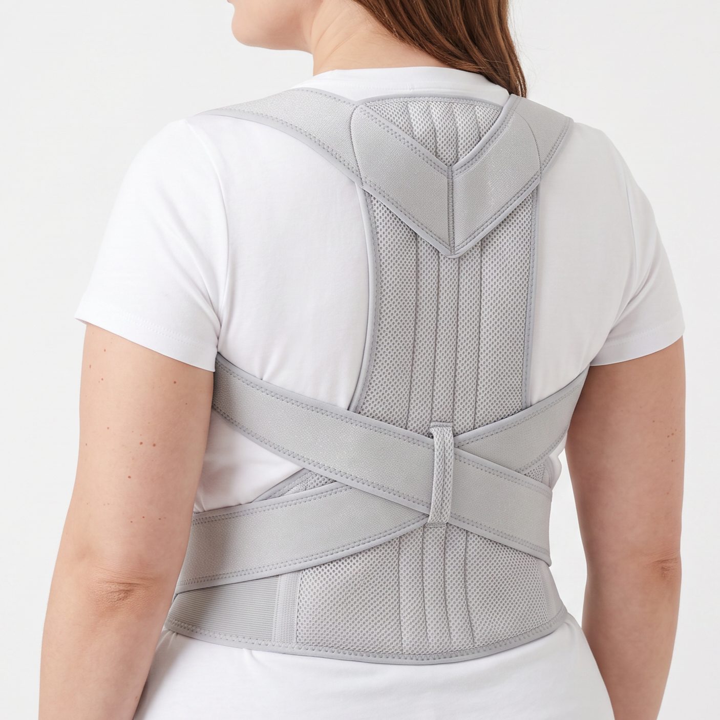 Woman wearing the grey ExoPosture Max full back posture corrector, back view.