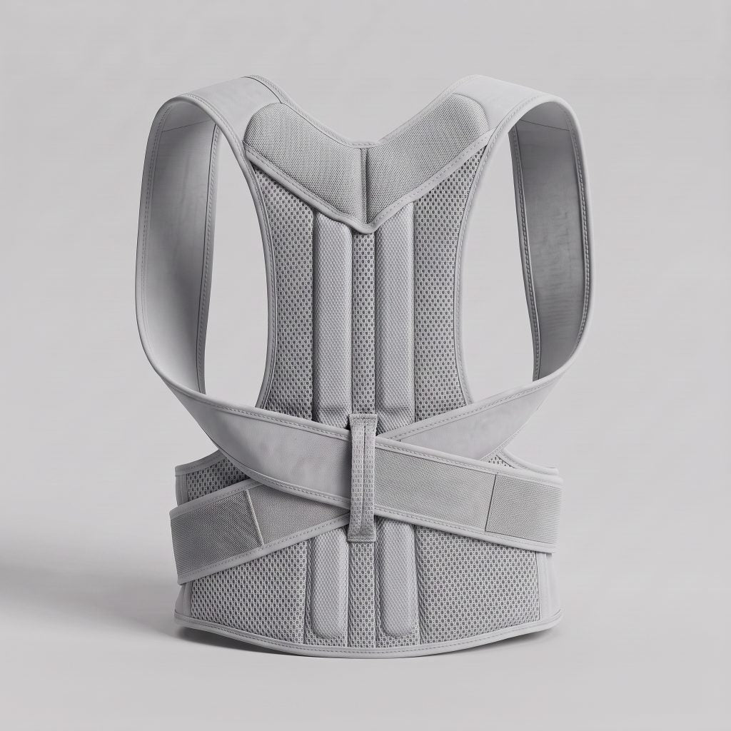 Grey ExoPosture Max full back posture corrector with metal support bar, back product view.
