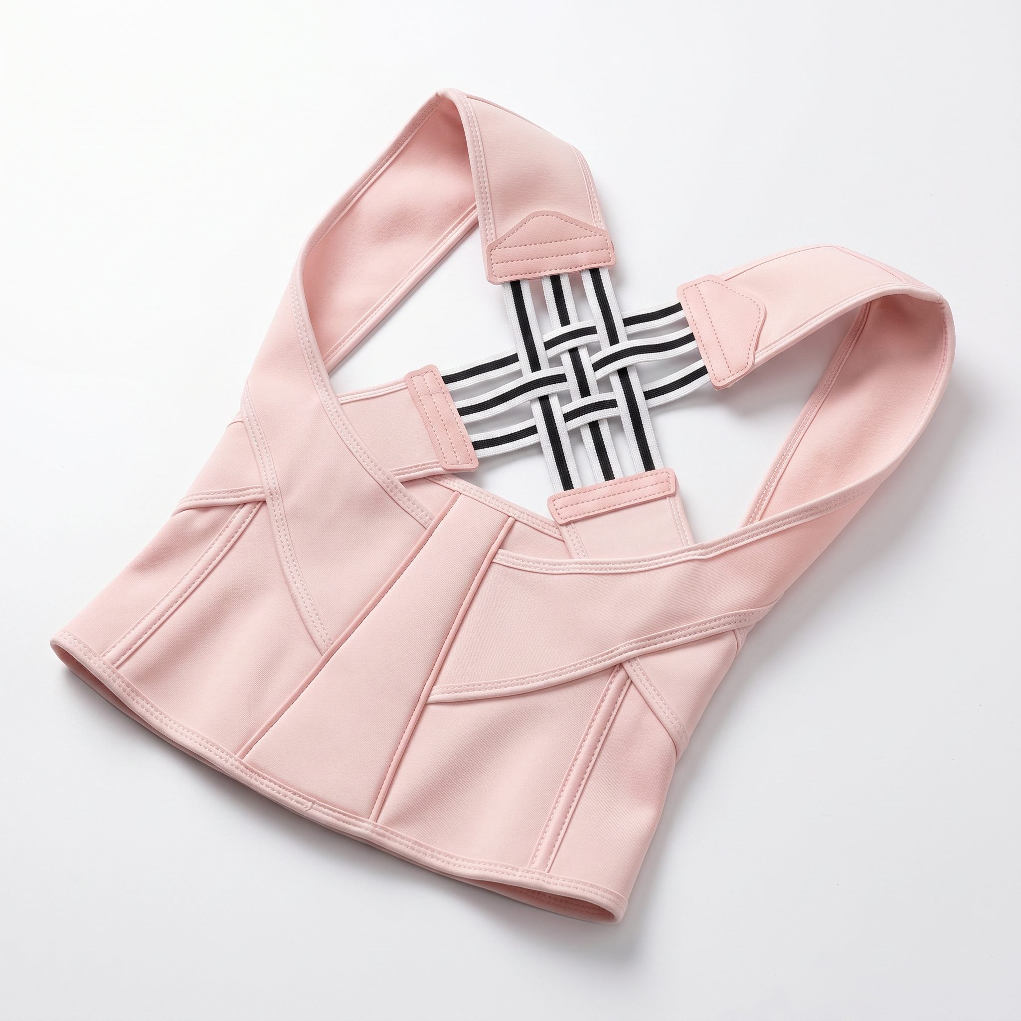 Pink posture corrector back brace laid flat. pink-exo1 pink-exo2 pink-exo3 pink-exo4 pink-exo5 pink-exo6