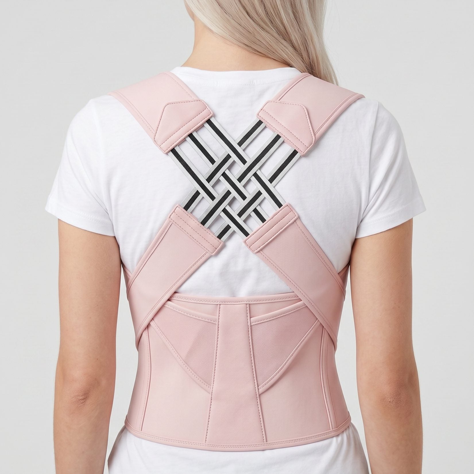 Woman wearing pink back brace for posture, back view. pink-exo1 pink-exo2 pink-exo3 pink-exo4 pink-exo5 pink-exo6