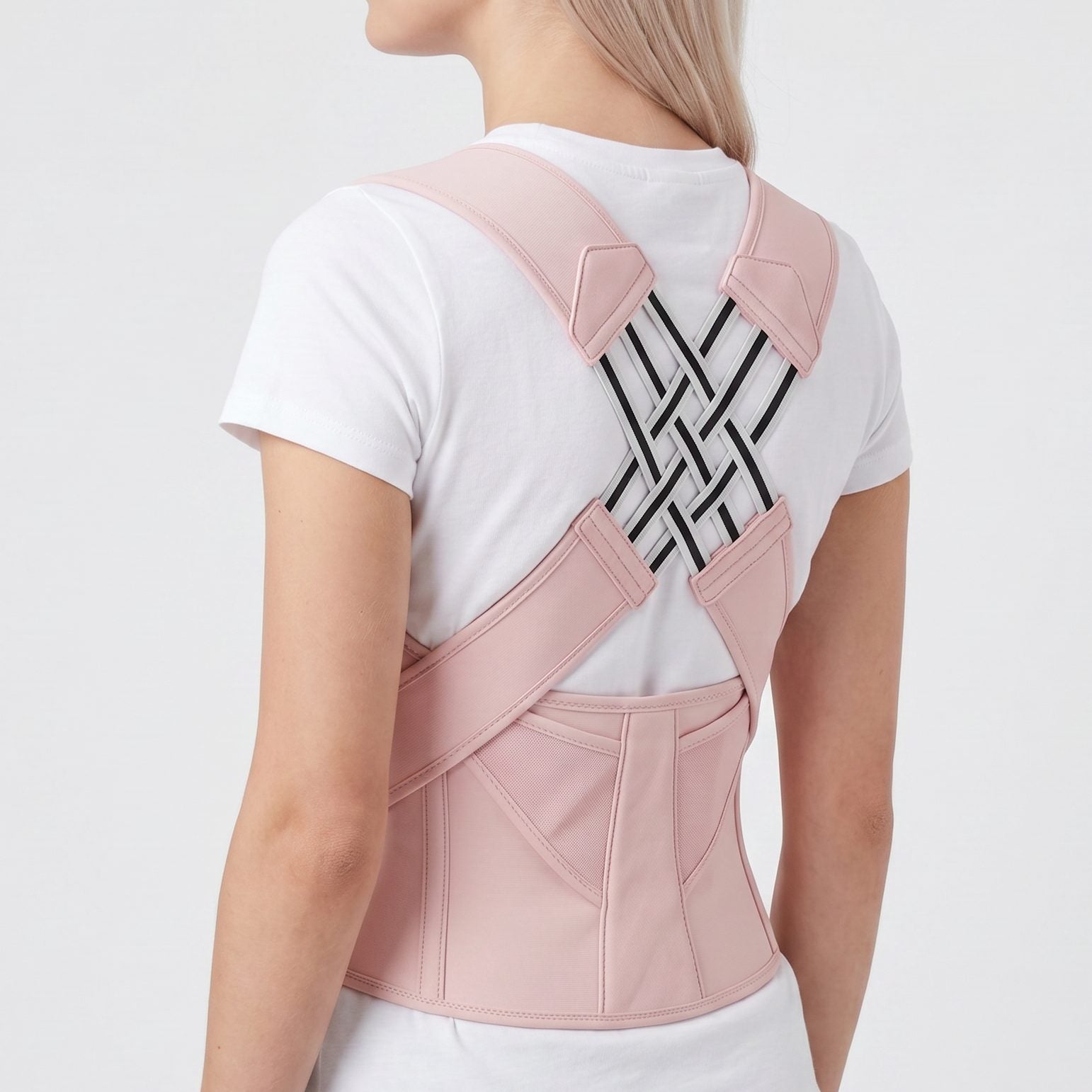 Pink posture corrector on female model, three quarter back view. pink-exo1 pink-exo2 pink-exo3 pink-exo4 pink-exo5 pink-exo6